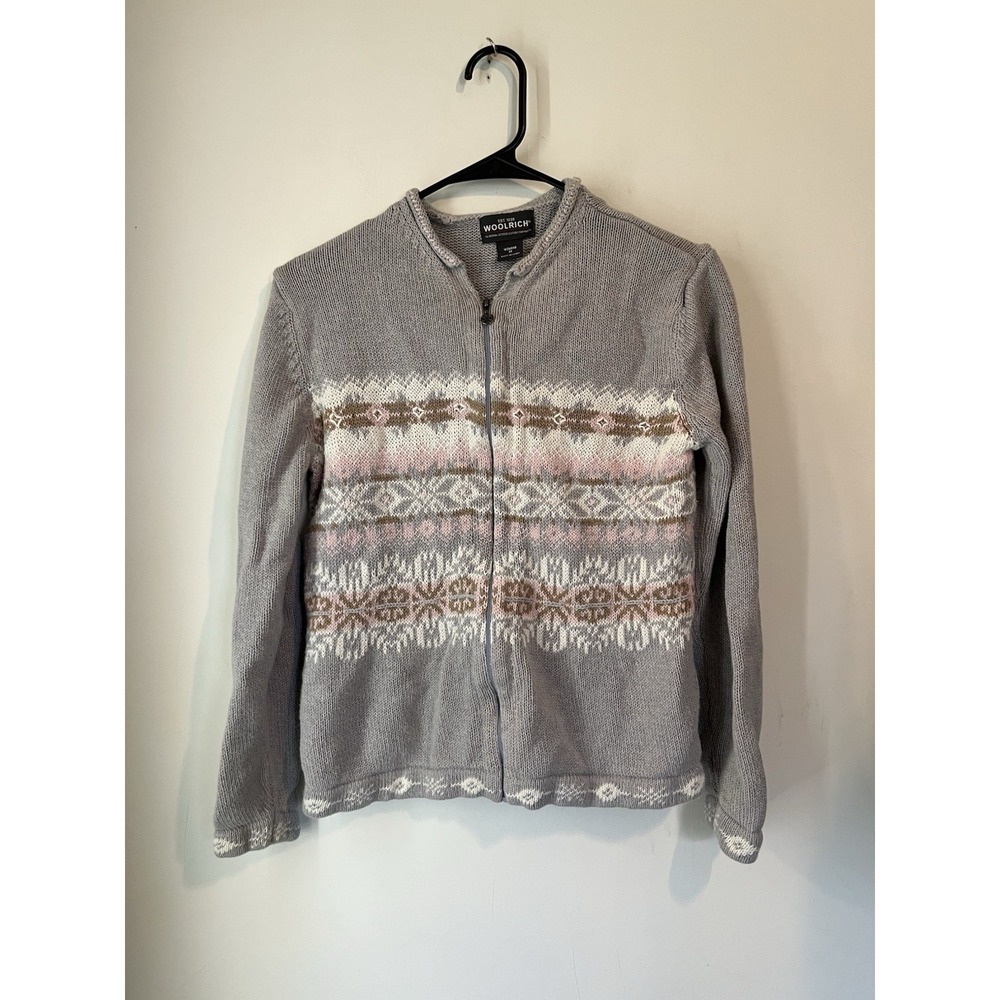 Woolrich Cardigan Sweater Zip-Up Fair‎ Isle Snowflake Women Gray Pink Stripe